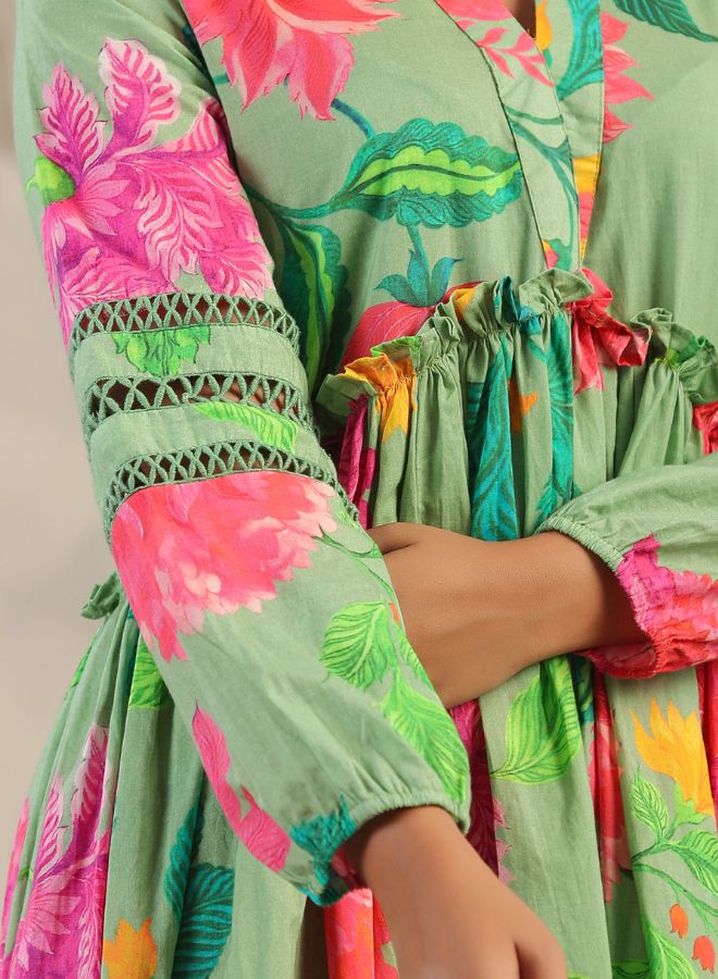 Floral Green High-Low Dress – Chic & Vibrant Resort Wear