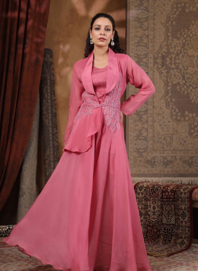 Elegant Pink Embroidered Gown with Jacket for Festive Wear