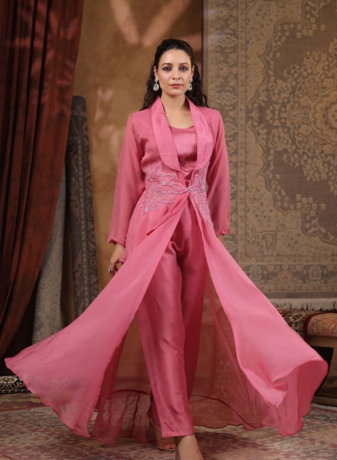 Elegant Pink Embroidered Gown with Jacket for Festive Wear