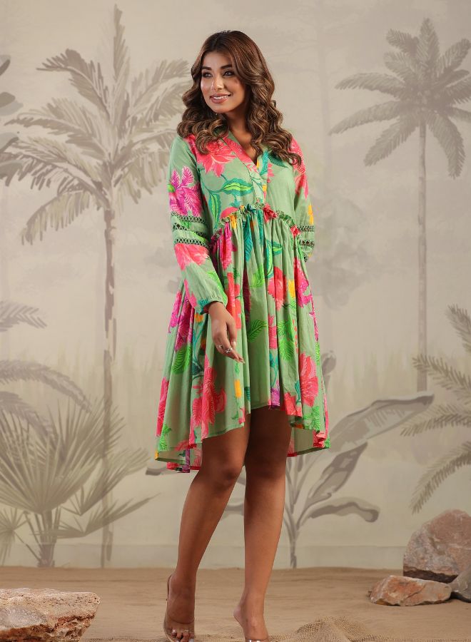 Floral Green High-Low Dress – Chic & Vibrant Resort Wear