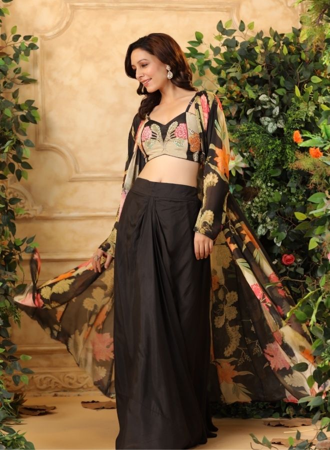 Black Floral Printed Cape Set