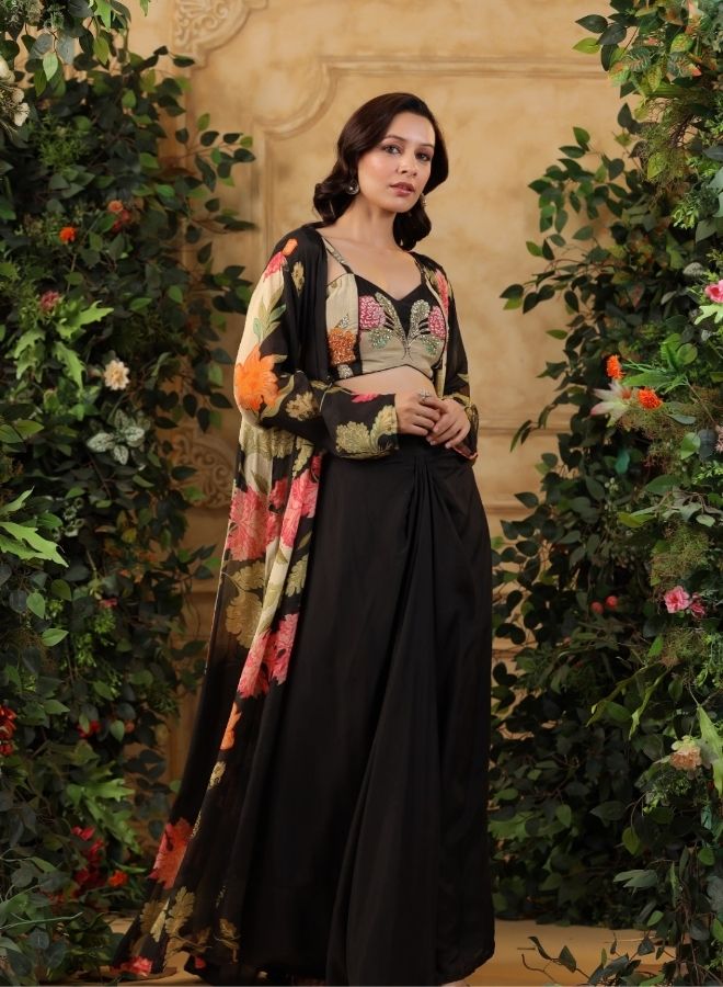 Black Floral Printed Cape Set