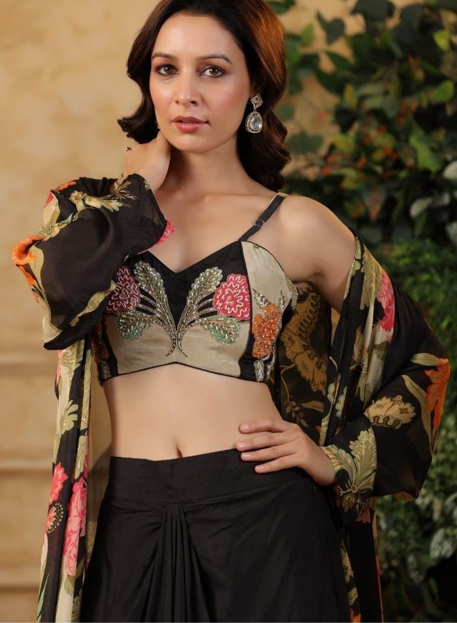 Black Floral Printed Cape Set