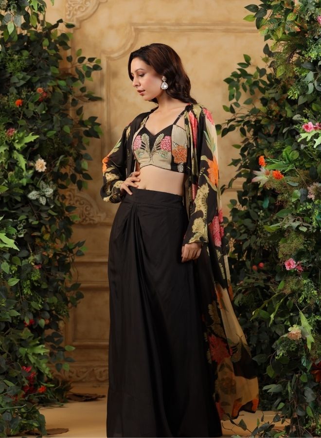 Black Floral Printed Cape Set