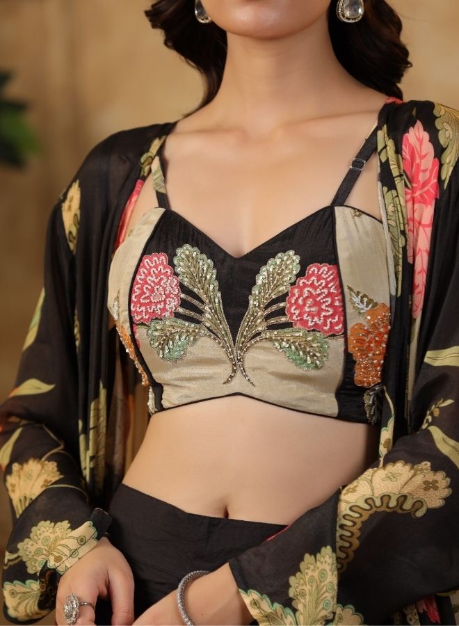 Black Floral Printed Cape Set