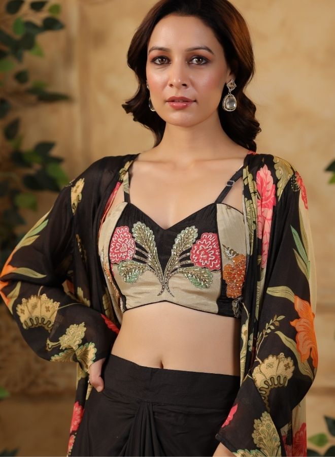 Black Floral Printed Cape Set