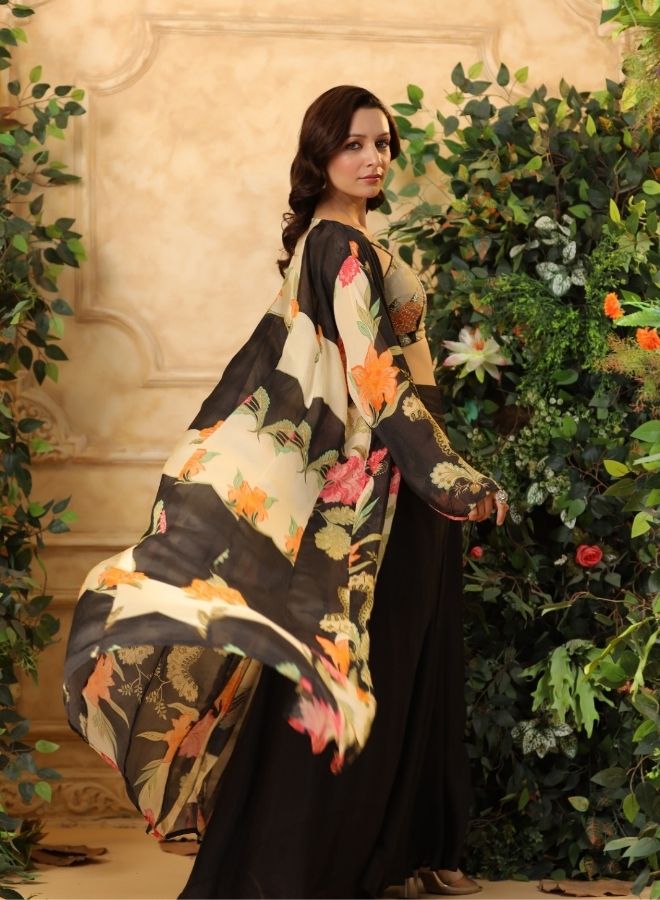 Black Floral Printed Cape Set