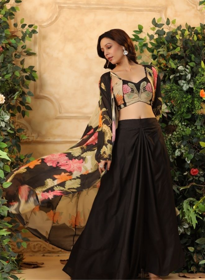 Black Floral Printed Cape Set