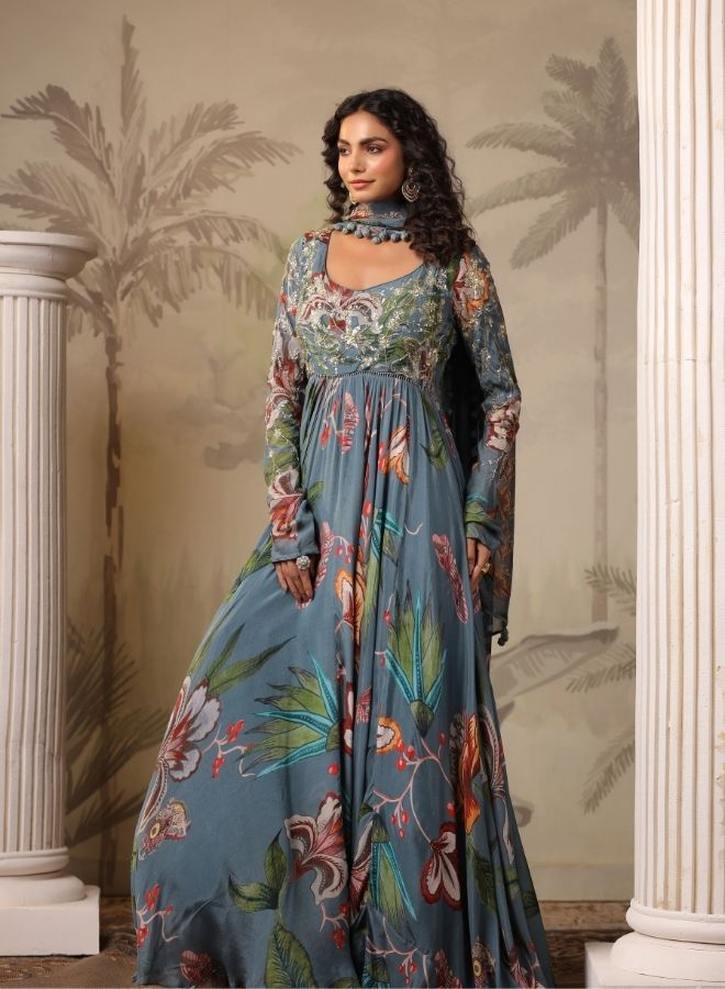 Flowing Teal Floral Anarkali Gown
