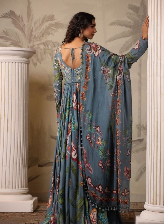 Flowing Teal Floral Anarkali Gown