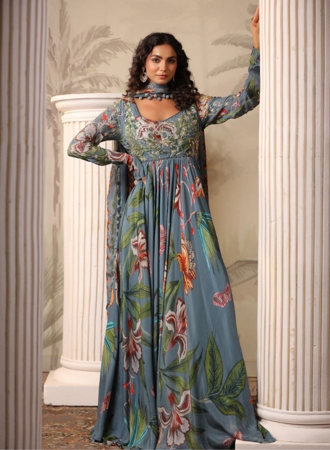 Flowing Teal Floral Anarkali Gown
