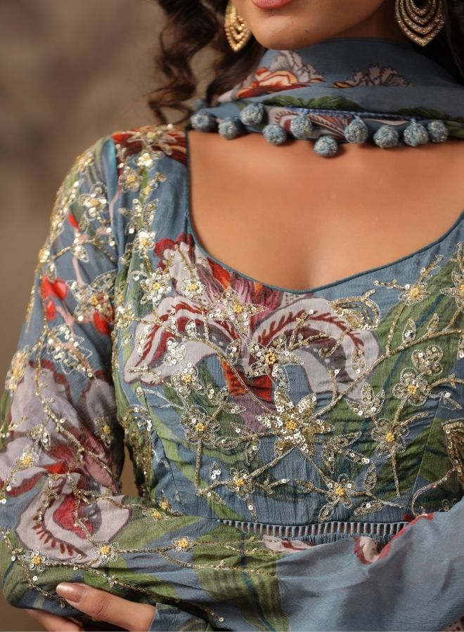 Flowing Teal Floral Anarkali Gown