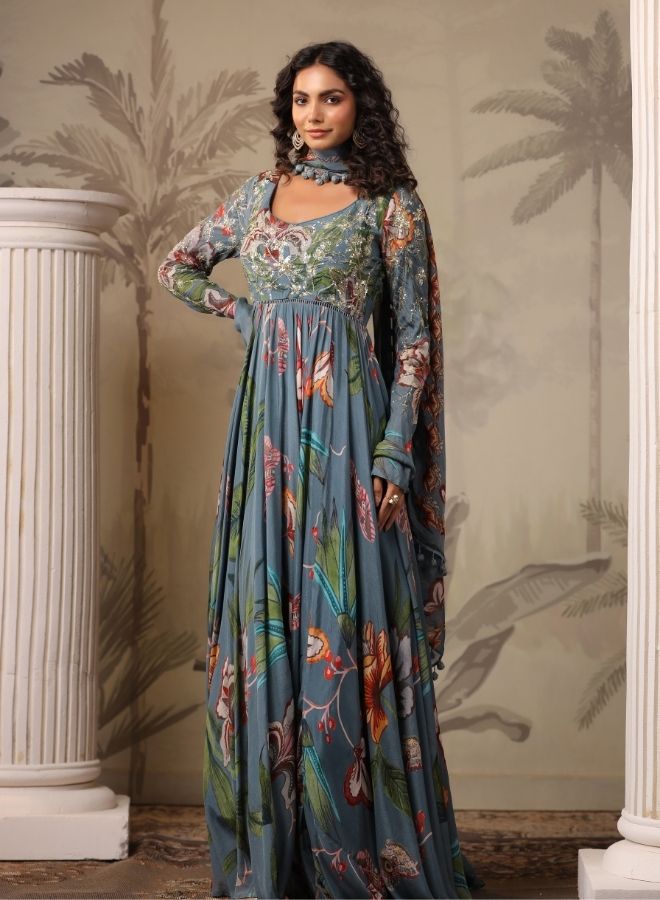 Flowing Teal Floral Anarkali Gown
