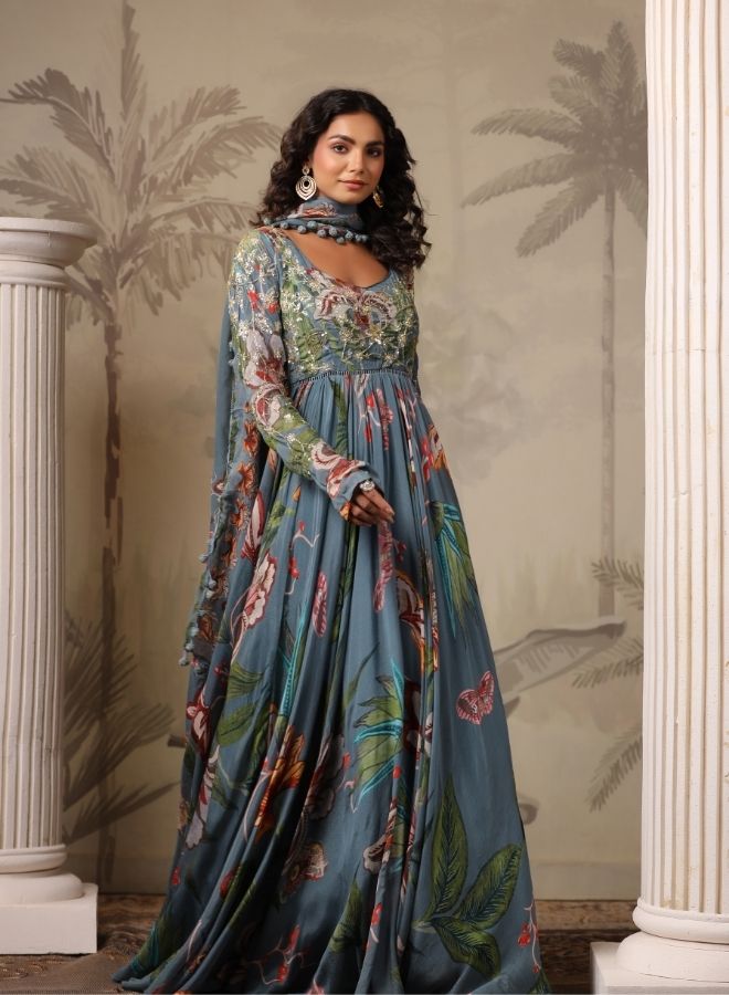 Flowing Teal Floral Anarkali Gown