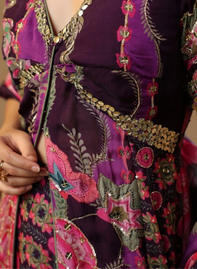 Purple Floral Embroidered Kaftan Jumpsuit