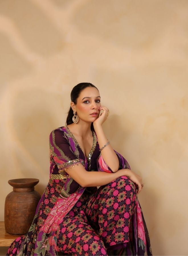 Purple Floral Embroidered Kaftan Jumpsuit