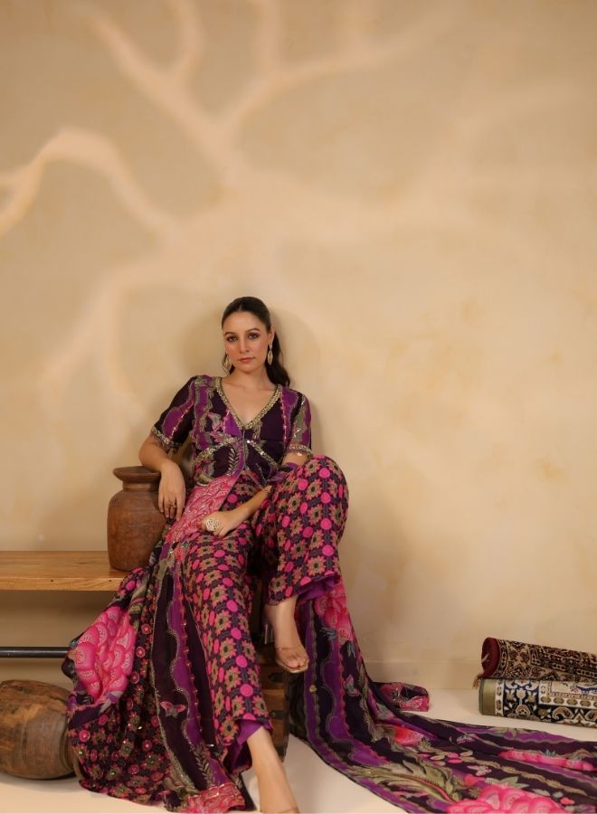Purple Floral Embroidered Kaftan Jumpsuit