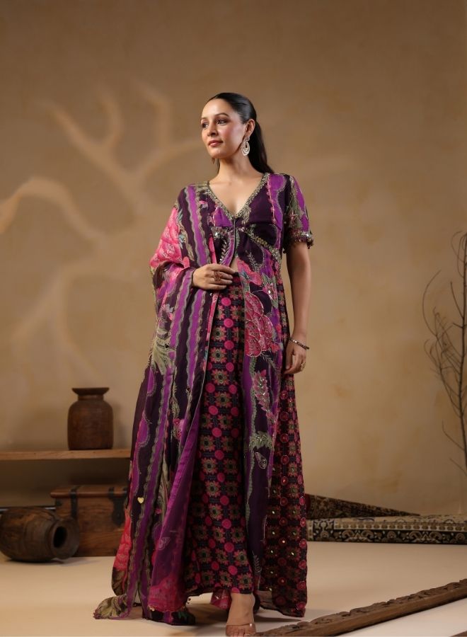 Purple Floral Embroidered Kaftan Jumpsuit