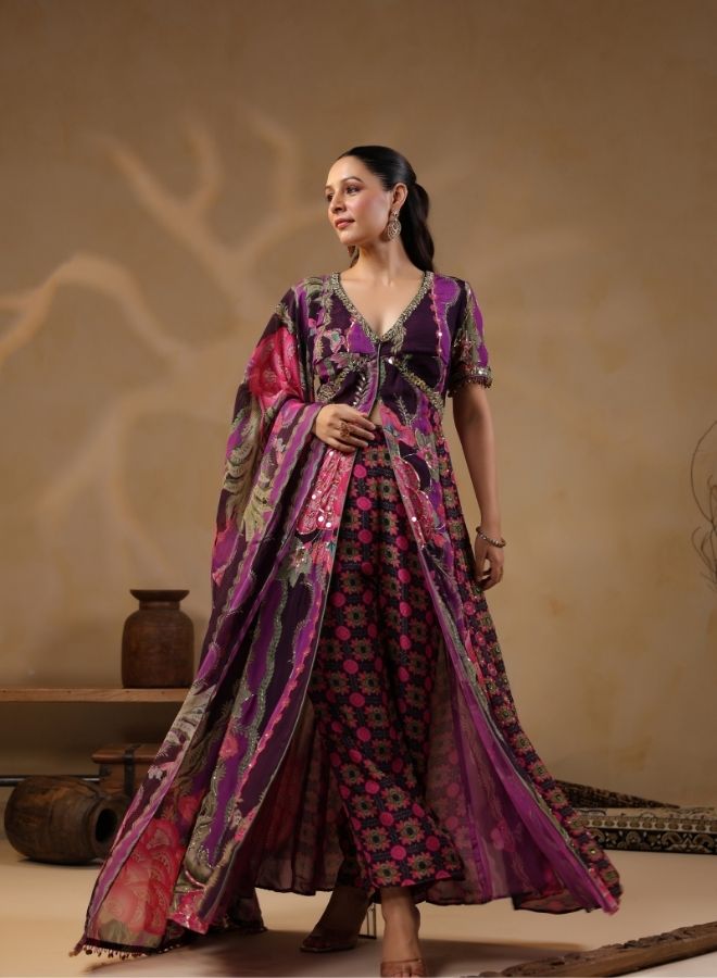 Purple Floral Embroidered Kaftan Jumpsuit
