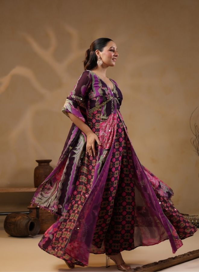 Purple Floral Embroidered Kaftan Jumpsuit