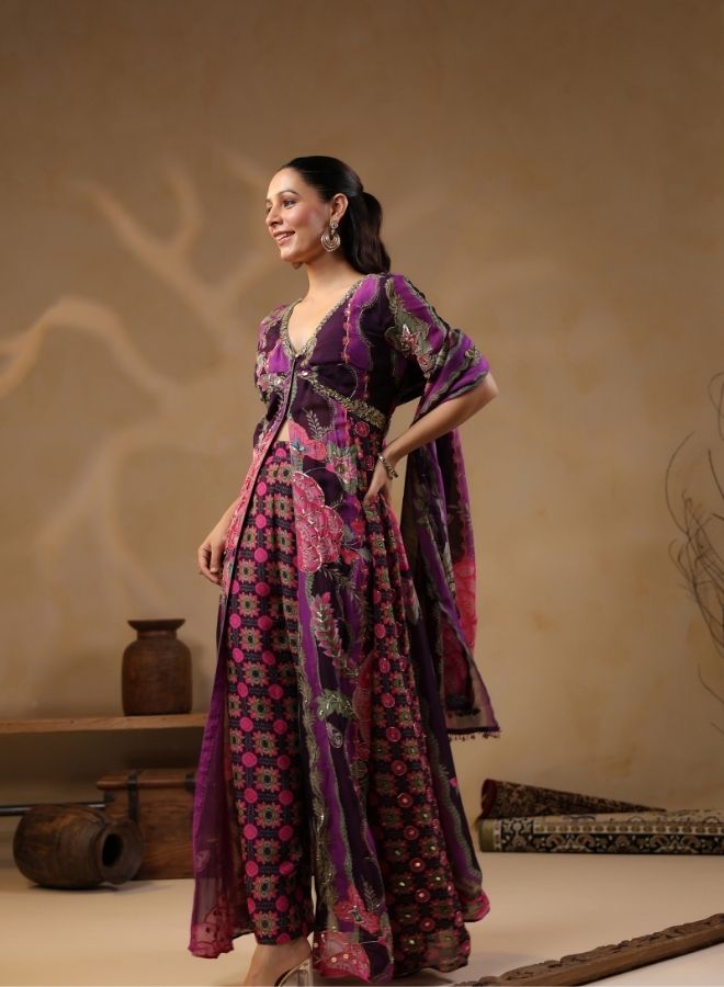 Purple Floral Embroidered Kaftan Jumpsuit