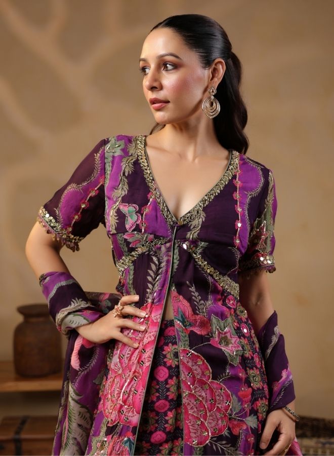 Purple Floral Embroidered Kaftan Jumpsuit