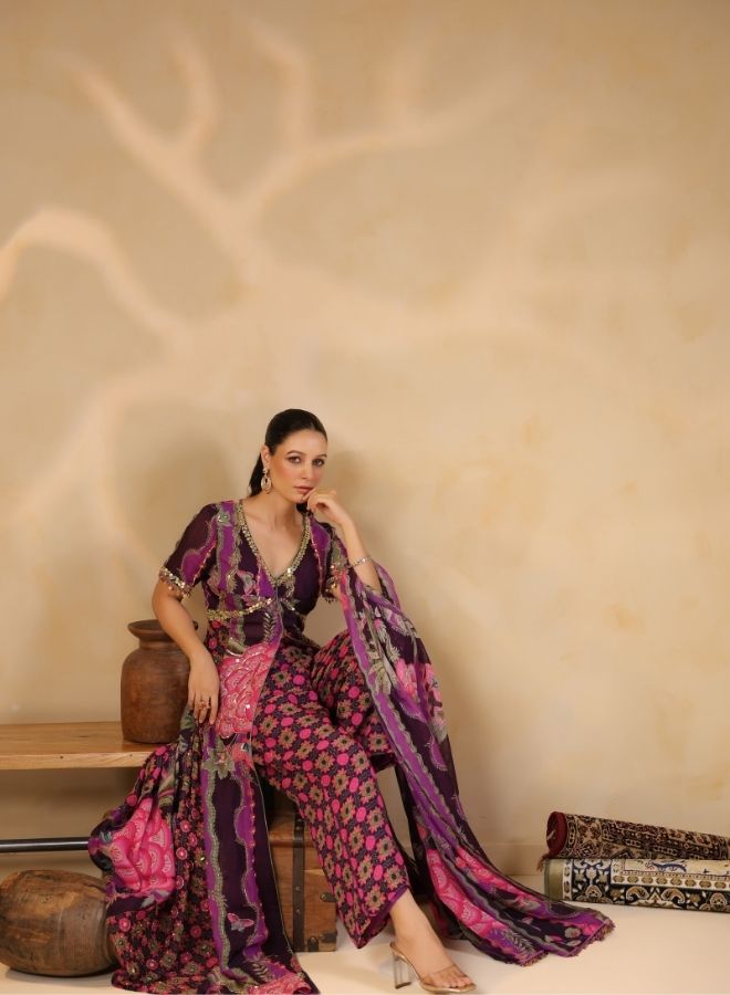 Purple Floral Embroidered Kaftan Jumpsuit