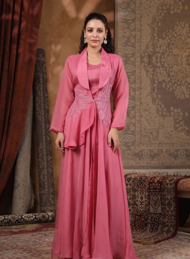 Elegant Pink Embroidered Gown with Jacket
