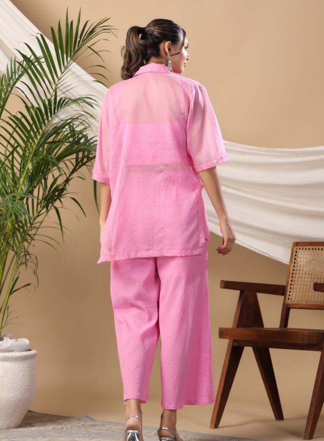Stylish Pink Three-Piece Co-Ord Set with Ruched Crop Top