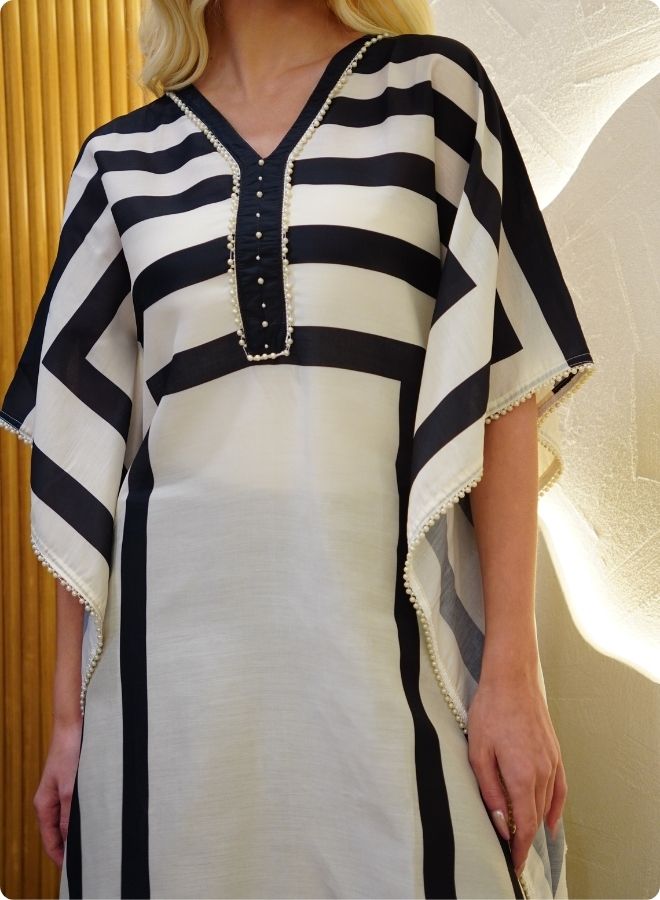 Black and White Geometric Stripe Kaftan Set