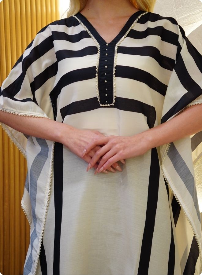 Black and White Geometric Stripe Kaftan Set
