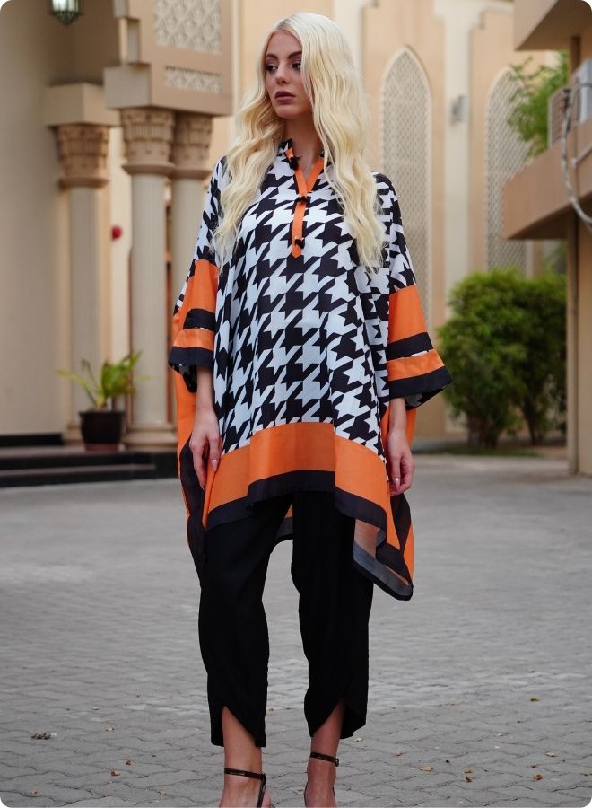 Houndstooth Print Kaftan Set with Orange Border