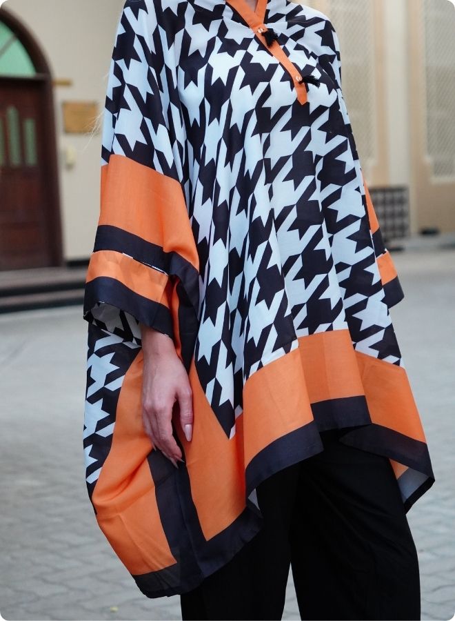 Houndstooth Print Kaftan Set with Orange Border
