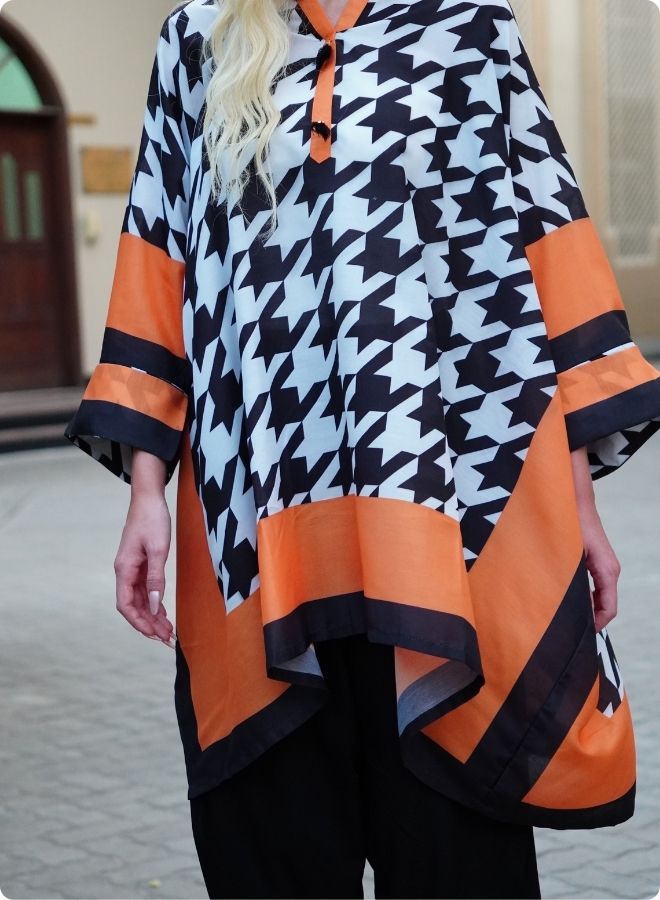 Houndstooth Print Kaftan Set with Orange Border