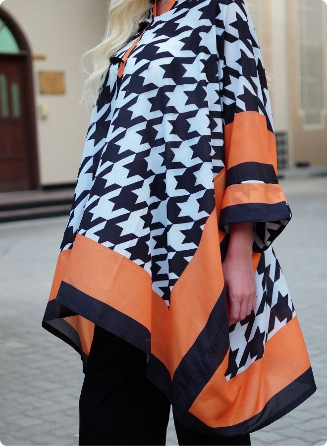 Houndstooth Print Kaftan Set with Orange Border
