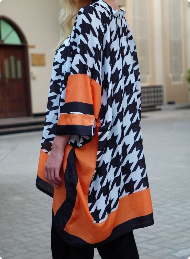 Houndstooth Print Kaftan Set with Orange Border
