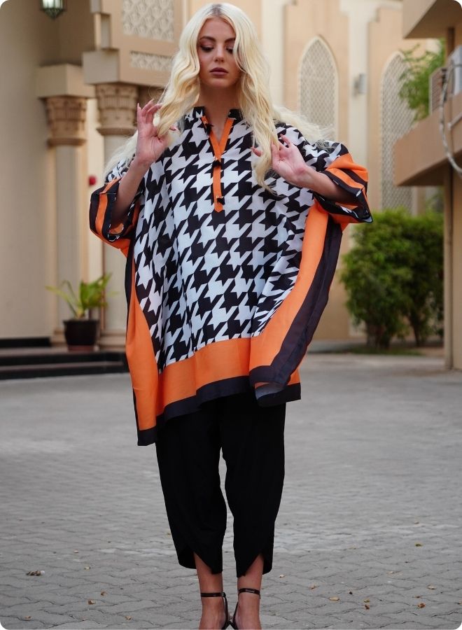 Houndstooth Print Kaftan Set with Orange Border