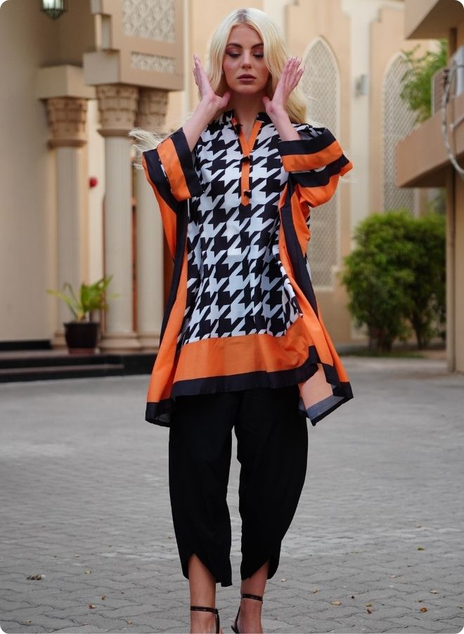Houndstooth Print Kaftan Set with Orange Border