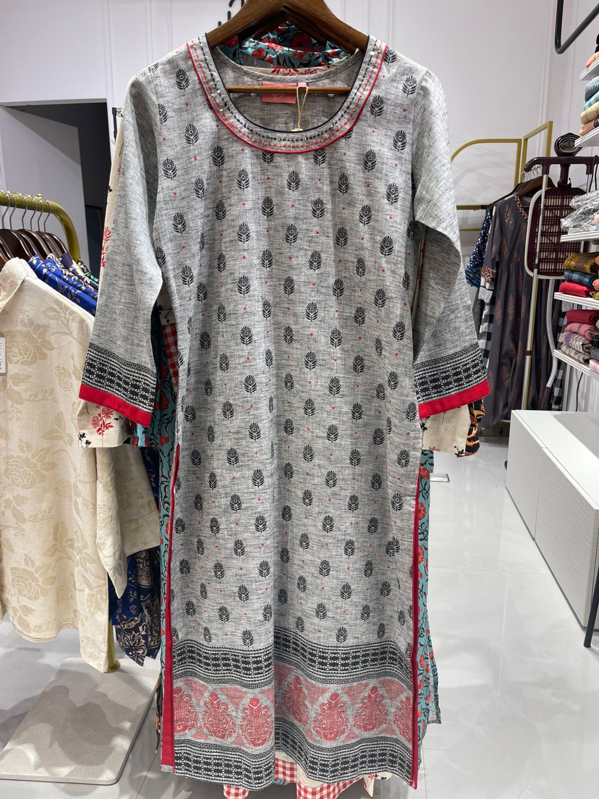 Grey Cotton Embelished Kurti