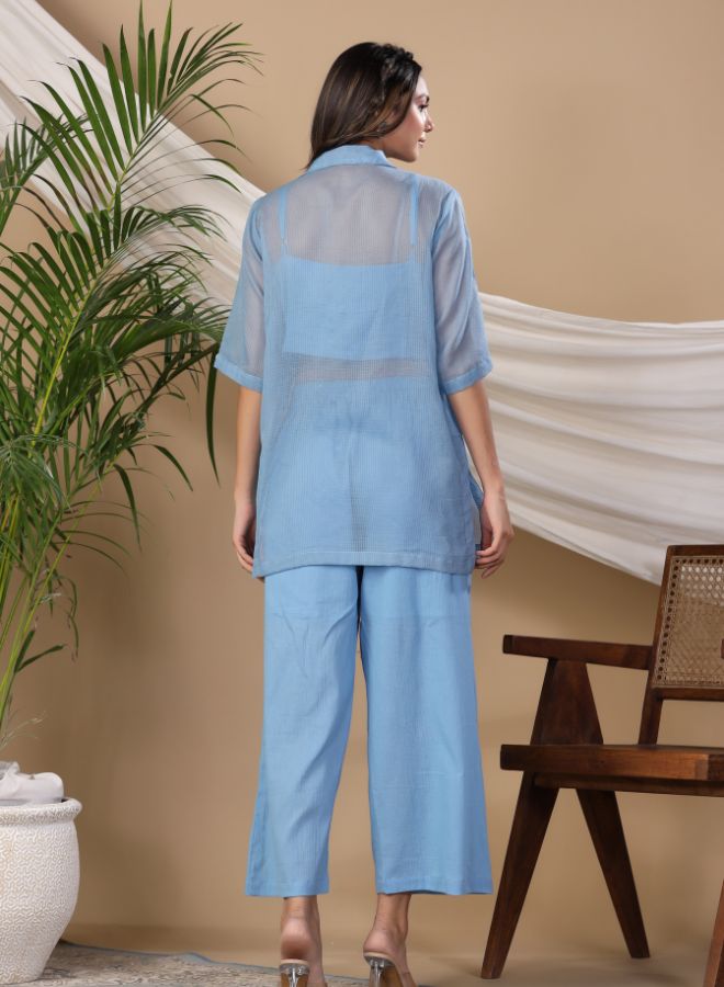 Stylish Blue Three-Piece Co-Ord Set – Sheer Shirt, Ruched Crop Top & Wide-Leg Pants