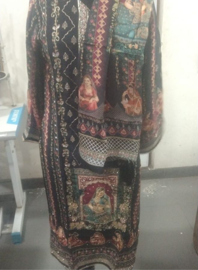 Traditional Black Embroidered Suit with Cultural Artwork