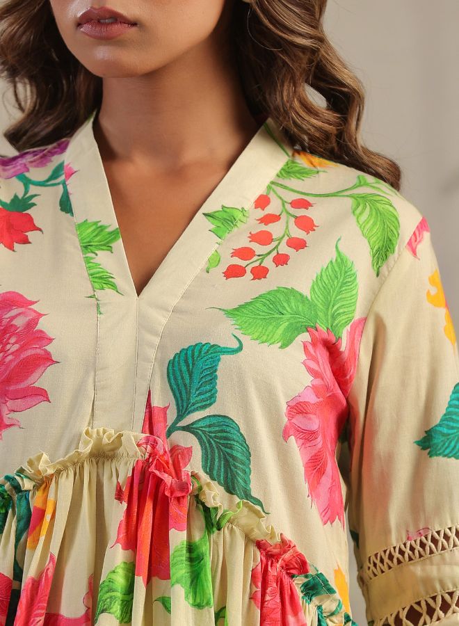 Cream Floral High-Low Dress – Elegant & Breezy Summer Fashion