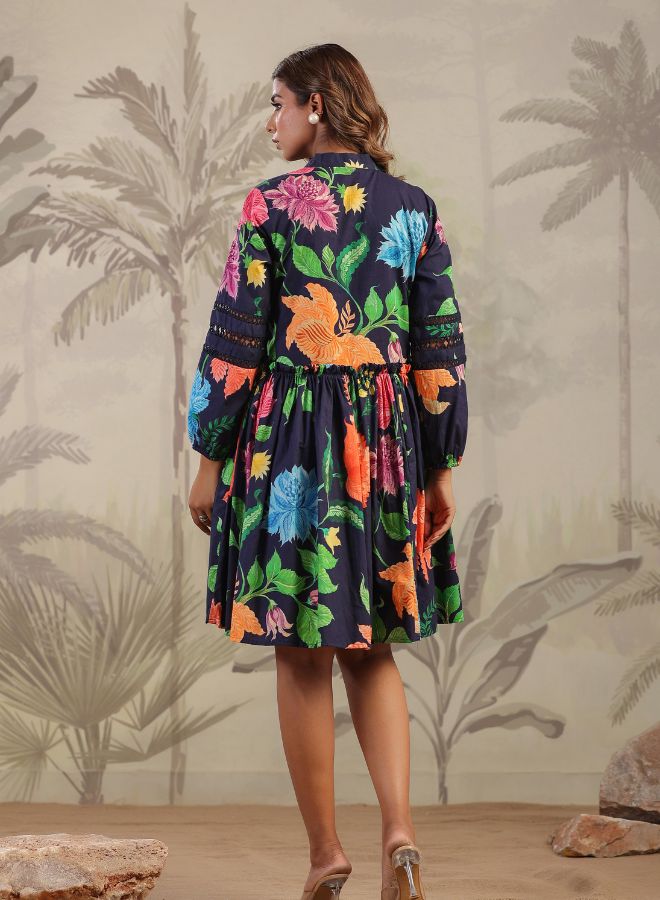 Navy Blue Floral High-Low Dress – Bold & Elegant Summer Wear
