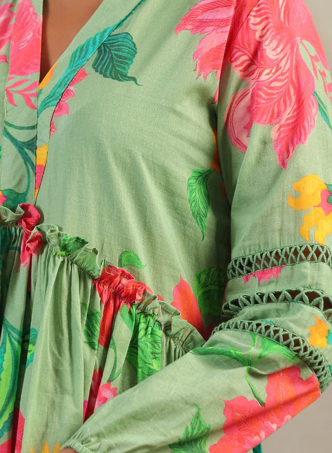 Floral Green High-Low Dress – Chic & Vibrant Resort Wear