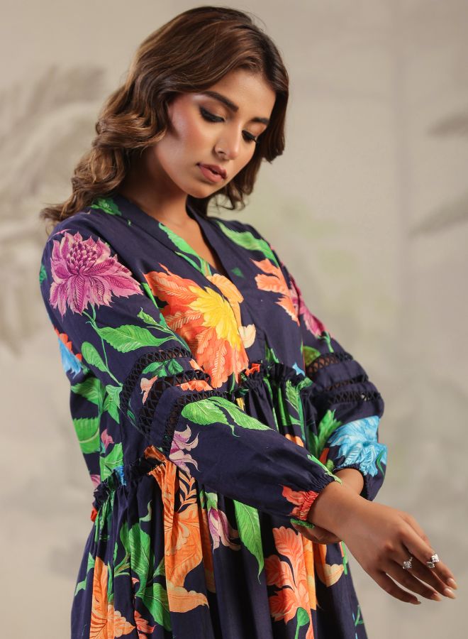Navy Blue Floral High-Low Dress – Bold & Elegant Summer Wear
