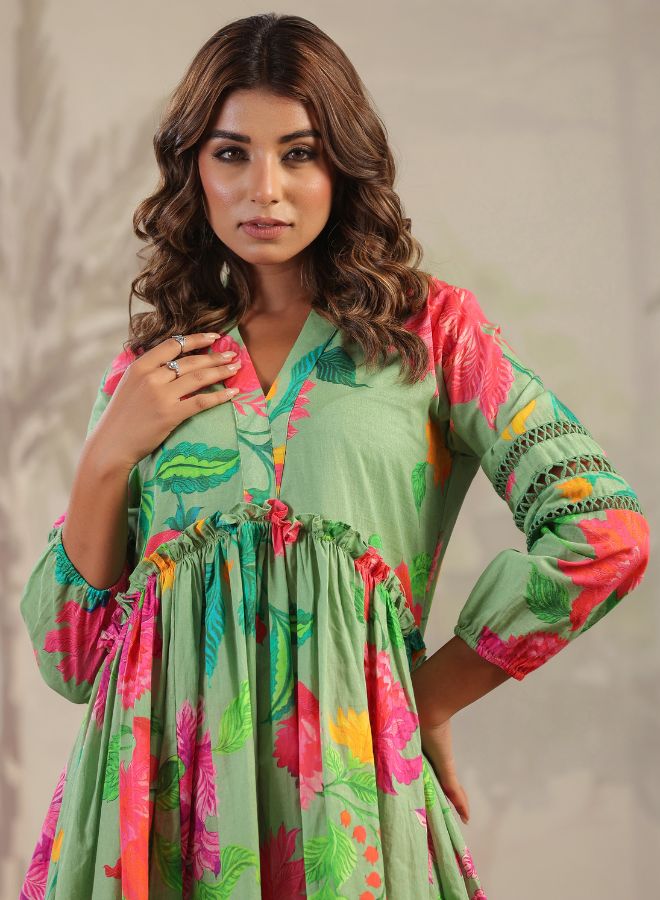 Floral Green High-Low Dress – Chic & Vibrant Resort Wear