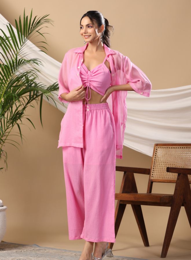 Stylish Pink Three-Piece Co-Ord Set with Ruched Crop Top