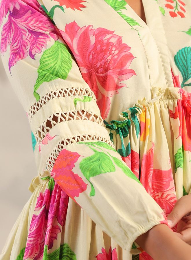 Cream Floral High-Low Dress – Elegant & Breezy Summer Fashion