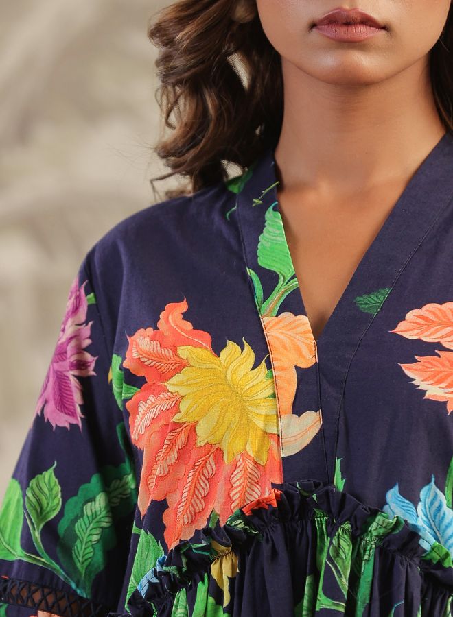 Navy Blue Floral High-Low Dress – Bold & Elegant Summer Wear