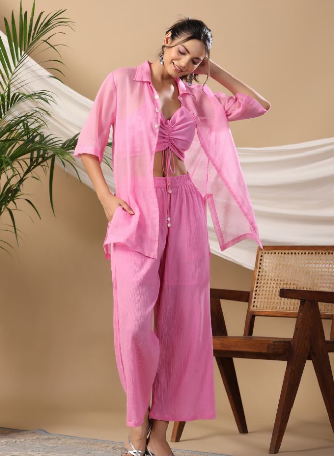 Stylish Pink Three-Piece Co-Ord Set with Ruched Crop Top